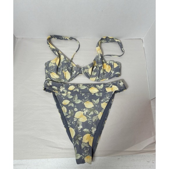 Abercrombie And Fitch Lemon Bikini Bathing Suit Gray Wide Strap High Rise Sz M - Picture 4 of 7